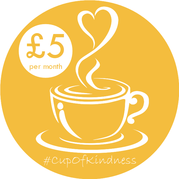 cup of coffee with steam rising from it in a heart shape, with '£5 per month' written in a circle to the left and #CupOfKindness below