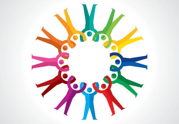 multicoloured 'people' figures holding hands and arranged in a circle