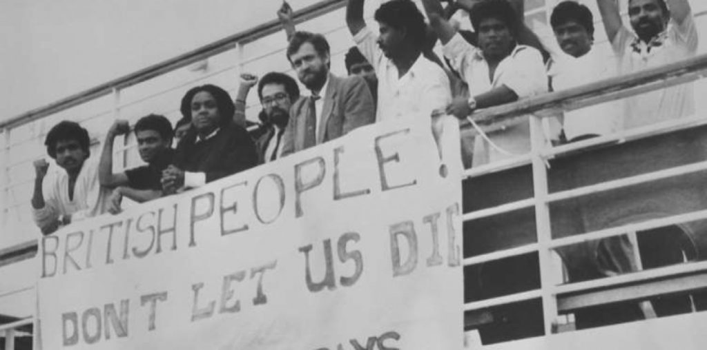 Jeremy Corbyn, Diane Abbot and hunger striking Tamil refugees aboard the Earl Williams 'prison ship' in 1987